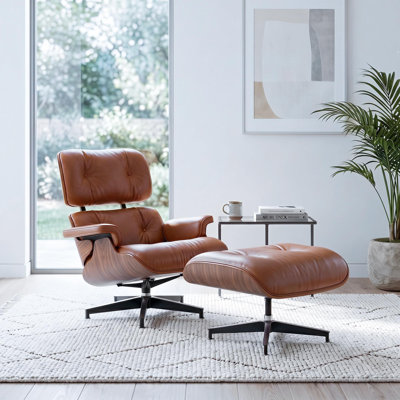 Mid-Century Top Grain Leather Swivel Lounge Chair with Ottoman, Solid Wood Shell and Aluminum Base for Living Room and Office