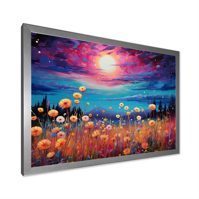 Pleine lune magique sur une fleur de prairies sur toile, H 24 po x l 32 po x P 1 po, Cadre simple argenté