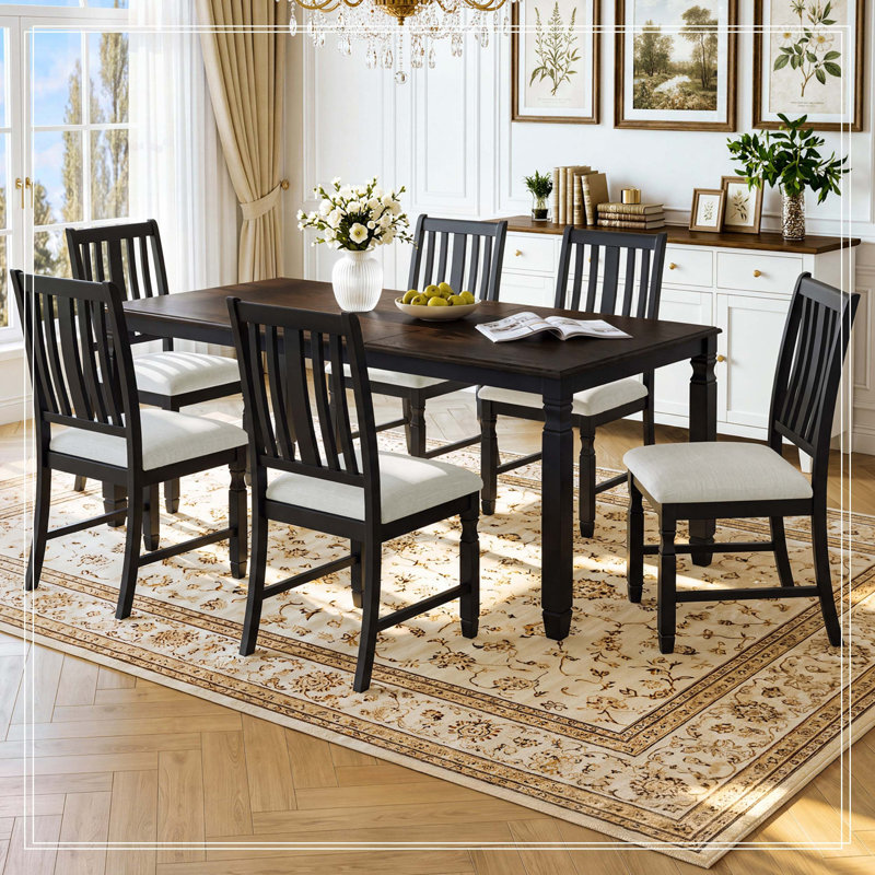 Ensemble de table de salle à manger extensible 7 pièces pour 6 personnes, table en placage de chêne de style campagnard et 6 chaises rembourrées, pieds en bois d'hévéa