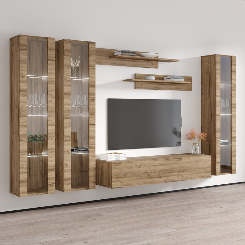 Aubrea 120" Modern Floating Wall Mounted Entertainment Center with 16-Color LED Lighting, High Gloss Finish, Oak