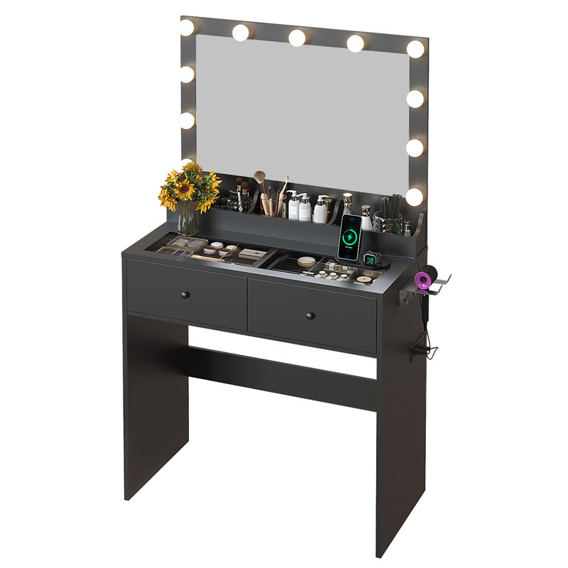 Vanity Desk with 3-Color Lights - Glass Top, 2 Drawers & Power Strip, Black
