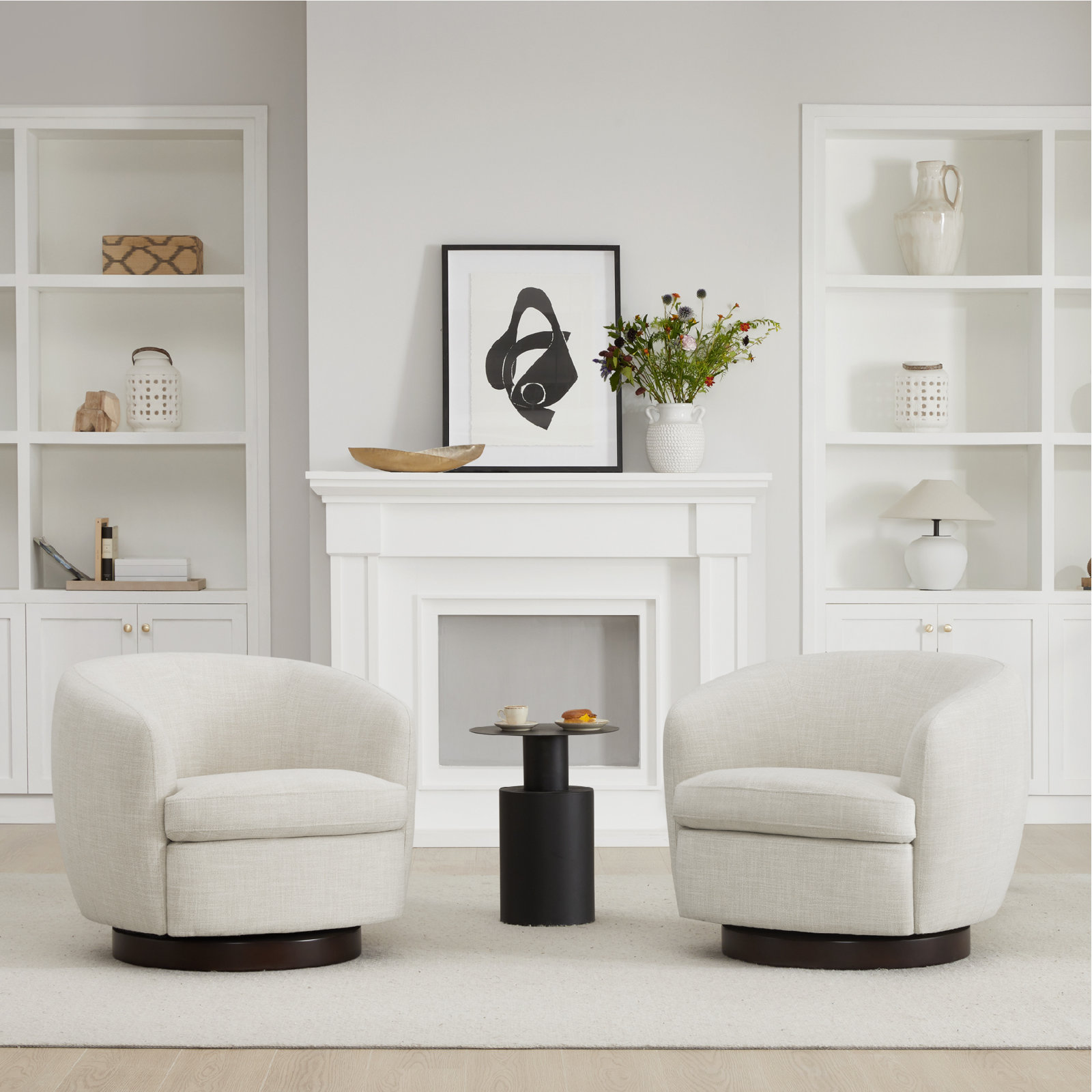 Marcy Linen Swivel Barrel Chair, Effie Linen Performance Linen