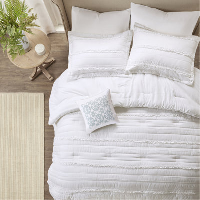 Édredon pour grand lit en microfibre blanc - aspect chic et décontracté avec volants, rembourrage, 5 pièces avec édredon, 2 taies décoratives, coussin décoratif, jupe de lit, volants lavables à la machine et facile à nettoyer.