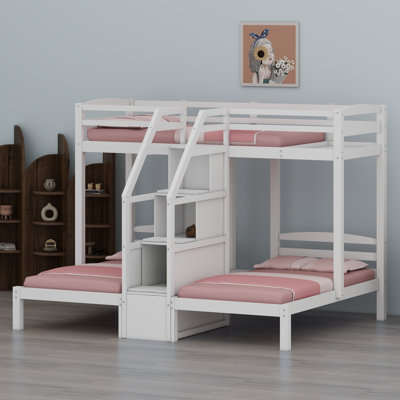 Lit superposé peu encombrant avec escalier intégré et tablettes de rangement sous la marche
