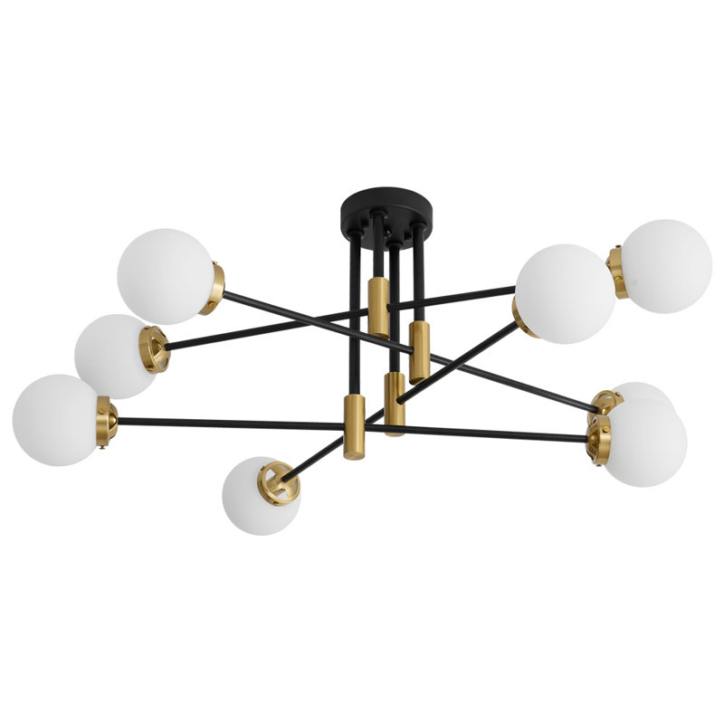 Surjit 8 - Light Sputnik Modern Linear Chandelier With Milky White Glass Shade, Matte Black/Gold