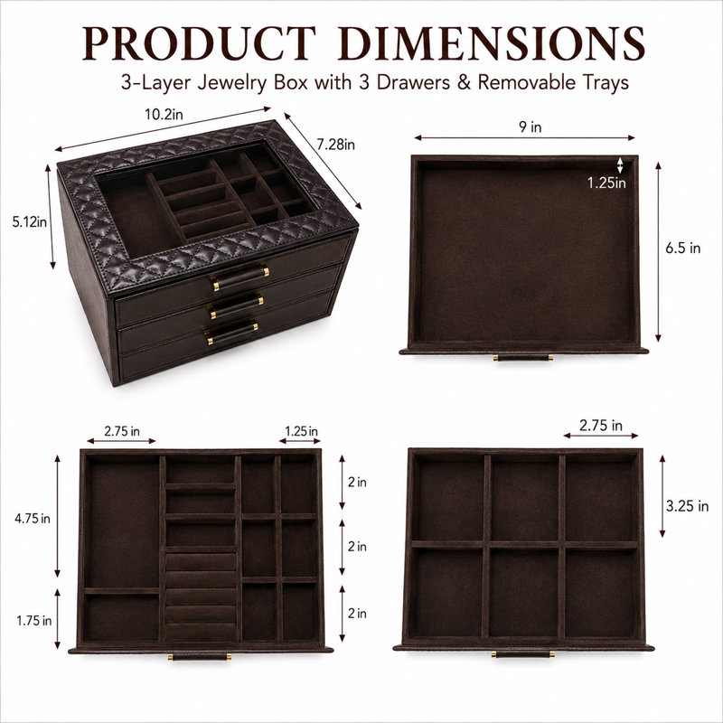 Organisateur de bijoux lumineux, 3 tiroirs, couvercle en verre et éclairage DEL, Espresso