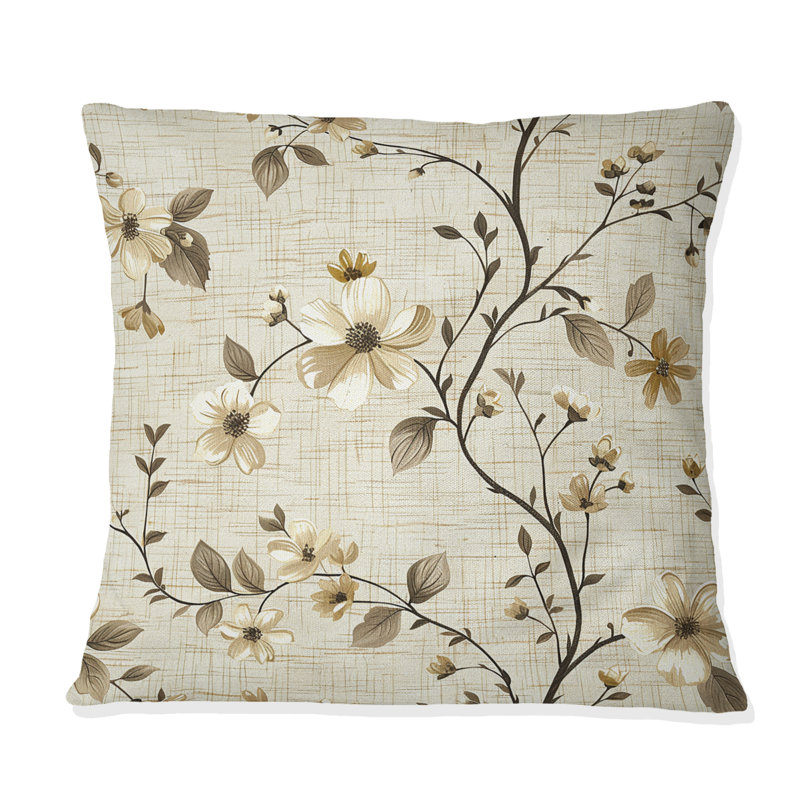 Beige jaune champêtre floral chic II - coussin floral, H 18 po x l 18 po, Carrée