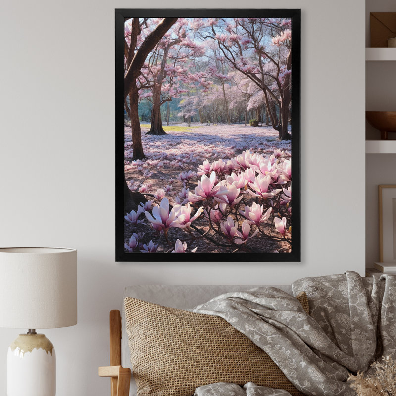 Magnolias roses, photo I sur toile, Cadre simple noir, H 32 po x l 16 po x P 1 po