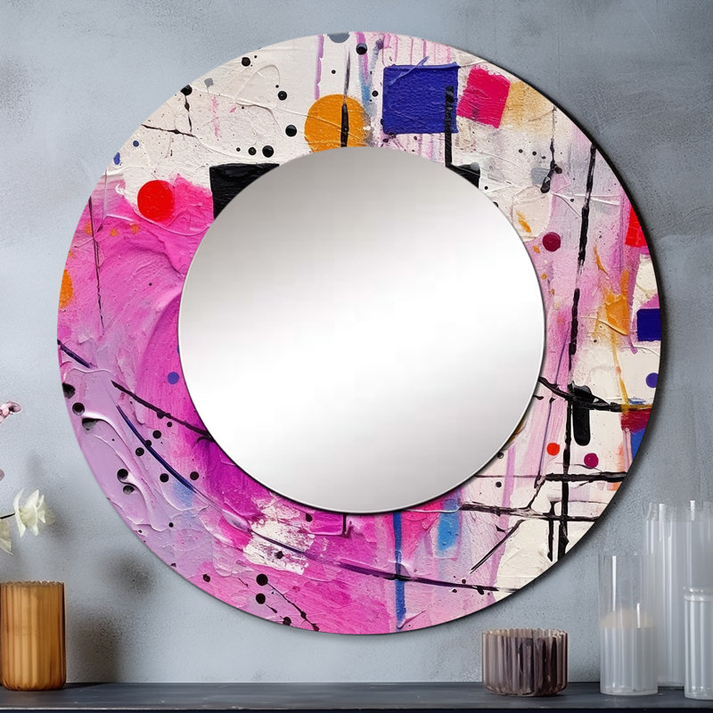 «Pink Cubism Unleashed» - miroir mural décoratif cubique, miroir rond rose, impression d'art en métal, 36 po x 36 po