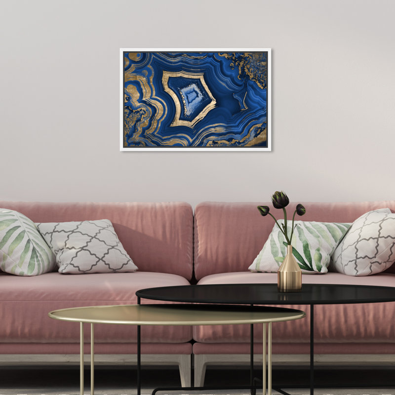 «Blue Geode Abstract Marble Waves Modern Gold» par Oliver Gal, Toile encadrée flottée blanche, H 11 po x l 16 po x P 1,75 po