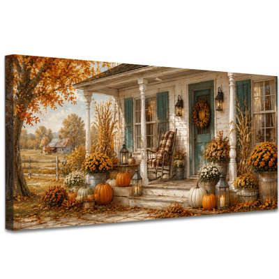 Automne, art mural sur toile, ferme rustique d'automne, peinture, œuvre d'art pour le salon, chambre à coucher, porche de récolte avec lanternes de citrouilles, (30 po x 60 po)