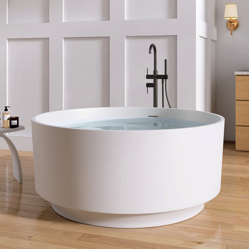 49" Round Freestanding Tub Solid Surface Deep Freestanding Soaking Bathtub