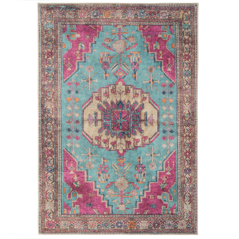 Machine Washable Teal Pink Contemporary Maximalist Distressed Living Room Area Rug, Rectangle 80 x 150cm