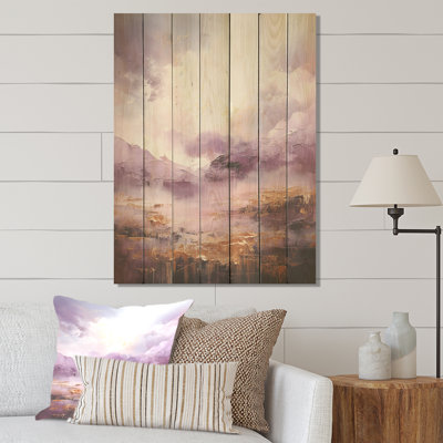 Purple And Gold Lake And Mountain V - Abstract Landscape On Wood Print