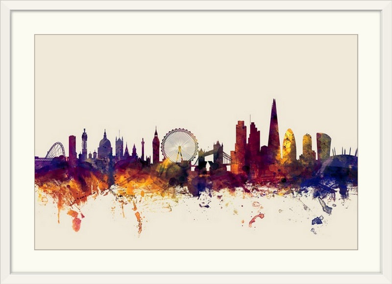 «London England Skyline» par Francy, impression, H 24 po x l 32 po x P 1 po, Cadre blanc