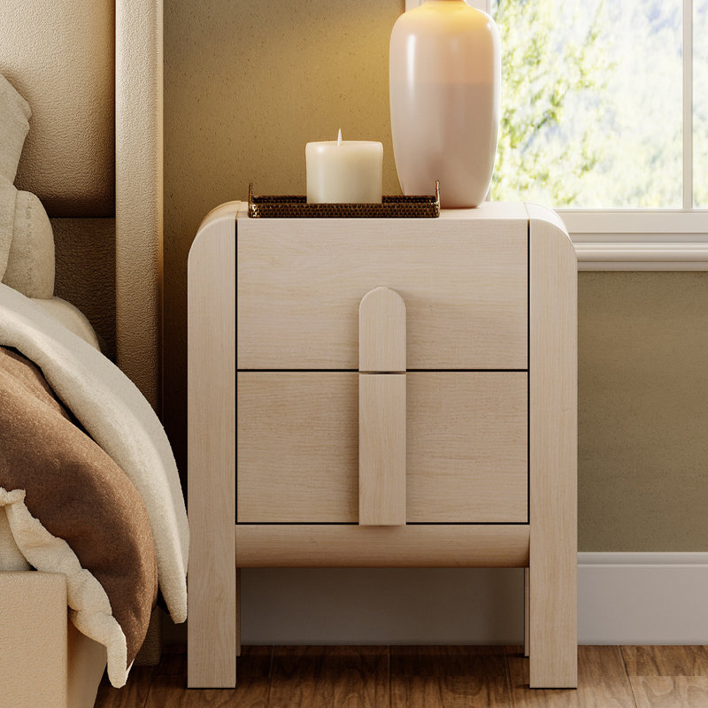 Modern Wood Nightstand With Built-In Charging Station, Curved Mid-Century End Table With 2 Drawers For Bedroom, Living Room,Entryway