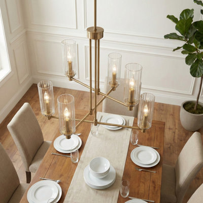 Timeless 6 - Candle Lights Satin Brass Pendant with Clear Ribbed Glass