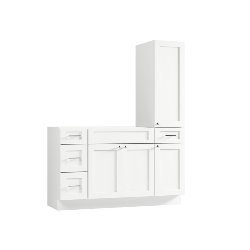 Disar 57'' Single Bathroom Vanity With Right Tall Linen Cabinet Dovetail Solid Wood Drawer Base Only, White
