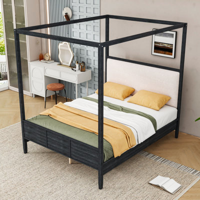 Wooden Canopy Platform Bed with Upholstered Headboard
