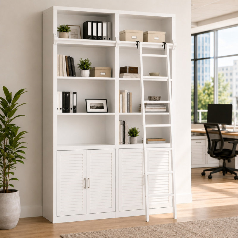 Bibliothèque 86,6 "H avec échelle coulissante en pin | Tablettes ouvertes et rangement à volets | Panneau de fibres à densité moyenne P2 et structure en fer | Blanc