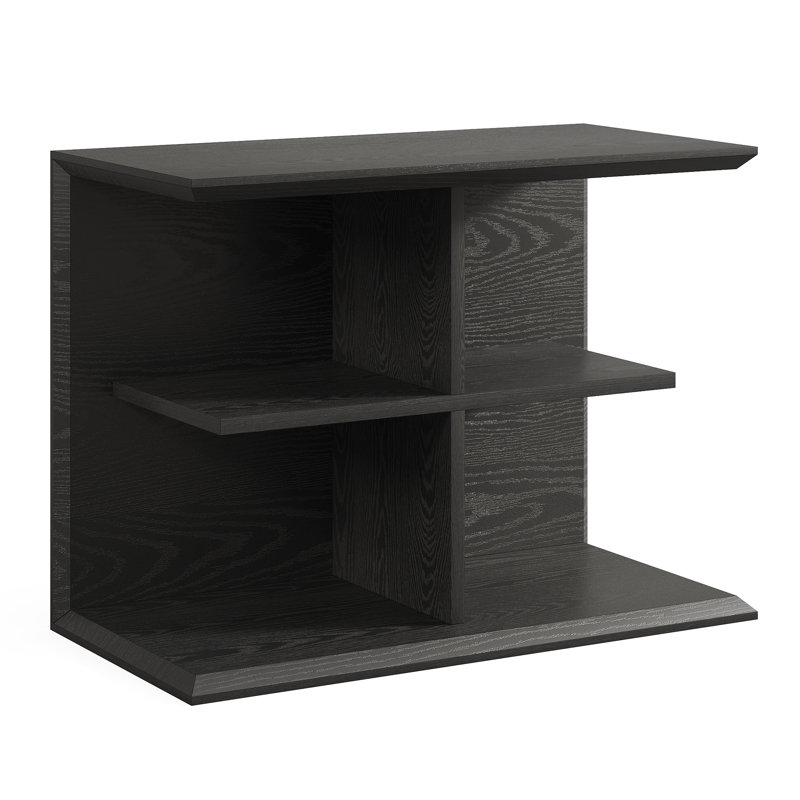 Table d'appoint noire avec tablettes de rangement ouvertes