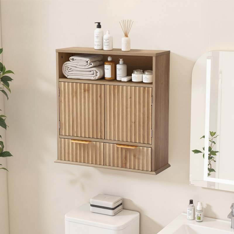 Armoire de salle de bain murale avec tablette réglable et tiroirs - Armoire de rangement moderne en MDF avec rayures verticales et poignées en métal