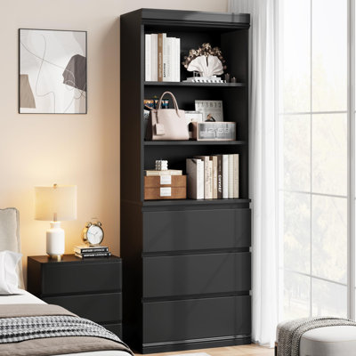 Bibliothèque de 70 po de hauteur avec 3 tiroirs, bibliothèque moderne en bois avec 3 tablettes ouvertes, armoire de rangement pour bureau personnel