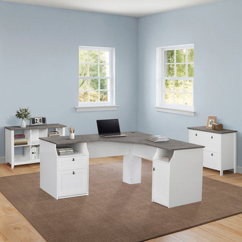 Summy 3 Piece Washed Gray L-Shaped Writing Desk Office Set
