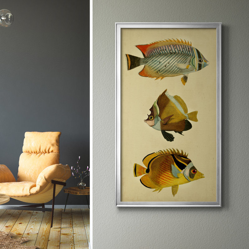 Trio de poissons tropicaux II - peinture sur toile encadrée, H 10,5 po x l 18,5 po x P 1,5 po, Argent