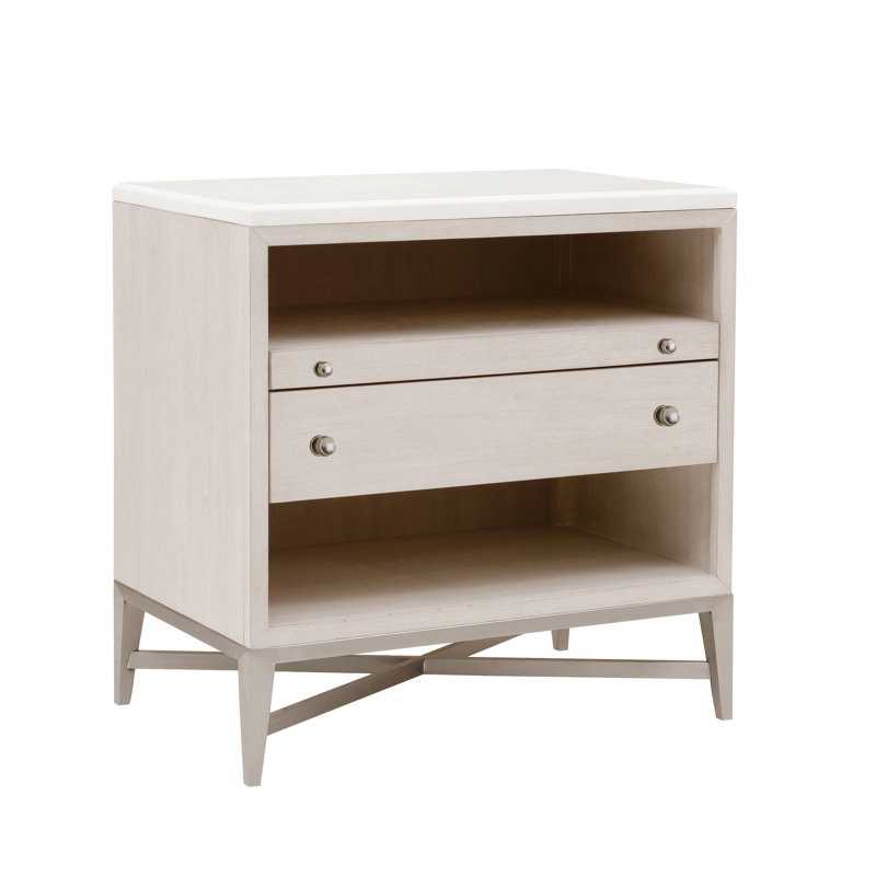 Beige and White 2-Drawer Nightstand with USB-C Port