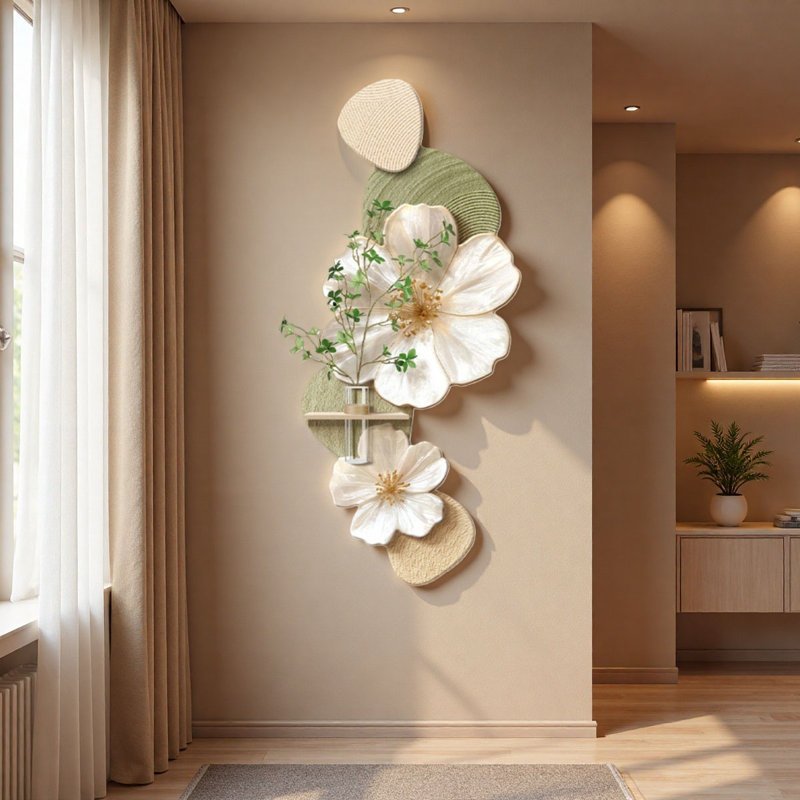 Art mural floral grès crémeux avec pot de fleurs hydroponique - décor de vestibule, H 59,06 po x l 26,77 po x P 0,98 po