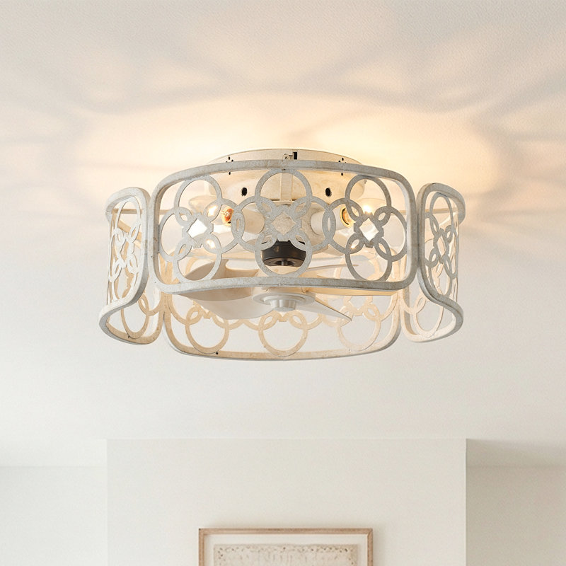 18" Antique Distressed White Flush Mount Caged Ceiling Fan With Light And Remote, Low Profile Bladeless Chandelier Ceiling Fan