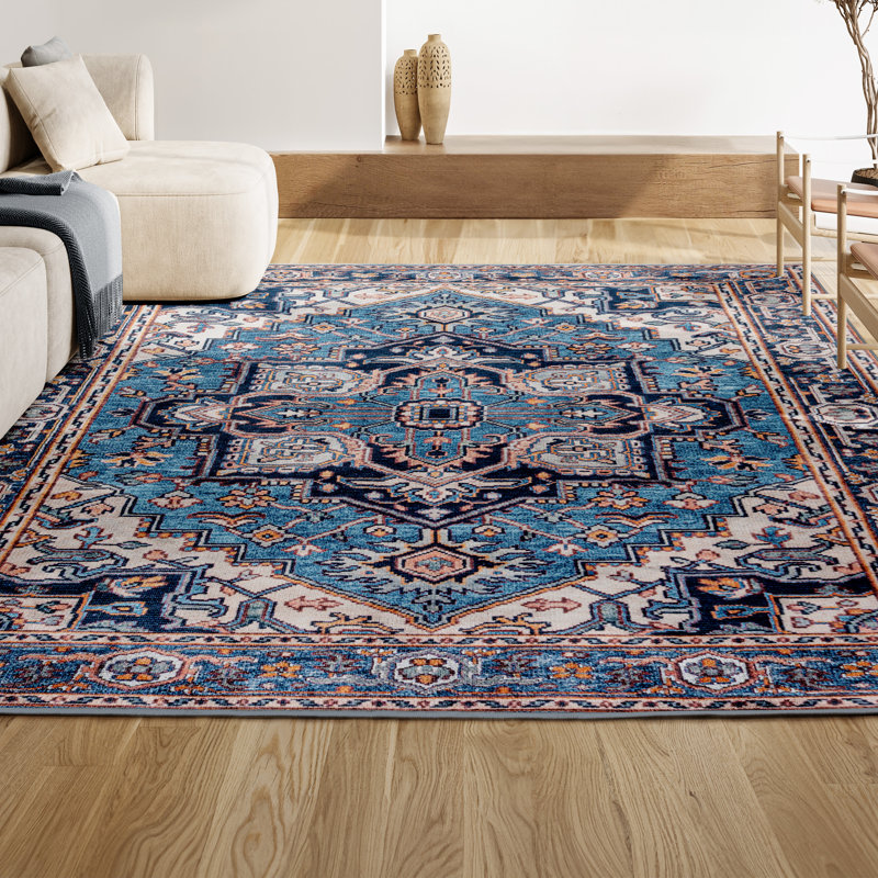 Tapis bleu / beige Huddleston, Rectangle 3 pi 11 po x 6 pi