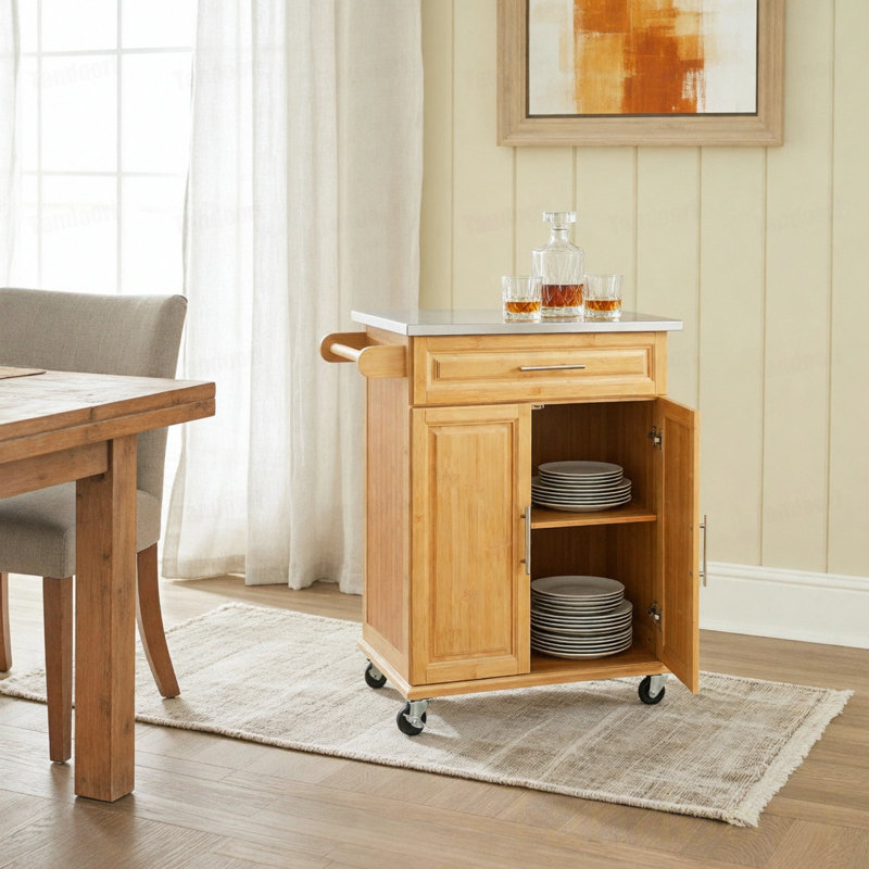 Chariot de cuisine compact en bambou avec plateau en acier inoxydable - Îlot de rangement mobile avec tiroir et armoire pour petits espaces