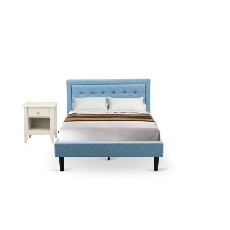 Ensemble de lit plateforme 2 pièces avec 1 base de lit en bois et une table de chevet en bois - Tissu de lin beige brume