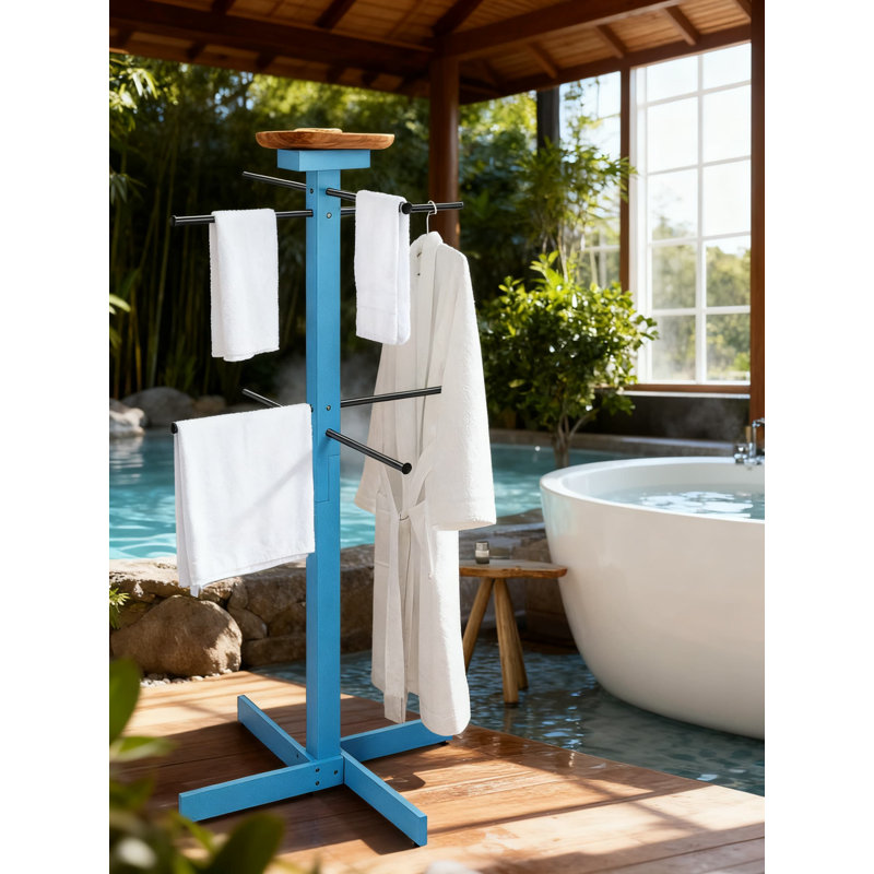 Porte-serviettes d'extérieur en bois avec 4 barres réglables, support à serviettes autoportant pour bord de piscine, spa, spa et plage, organisateur de rangement imperméable