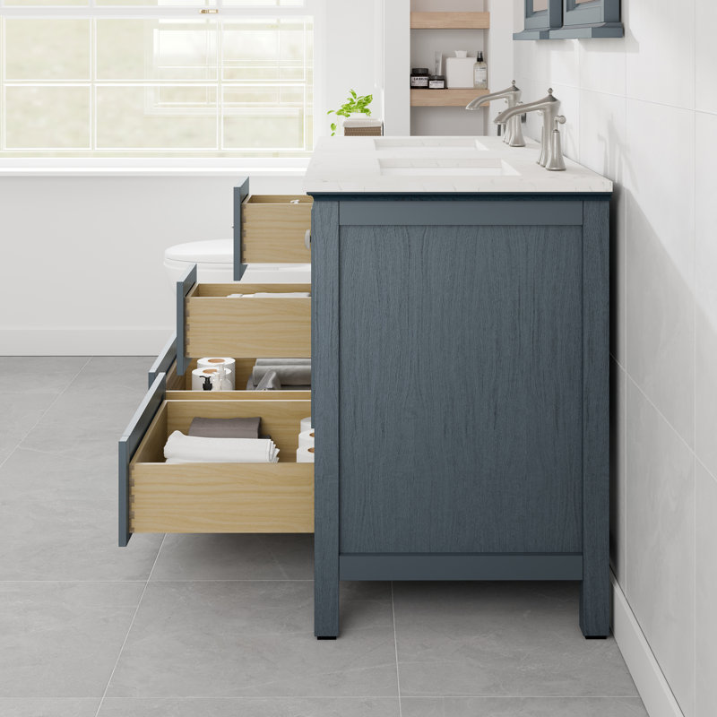 Glebs 48"W x 22"D Double Sink Bathroom Vanity with Undermount Porcelain Sink, Ash Blue, Quartz - White Carrara