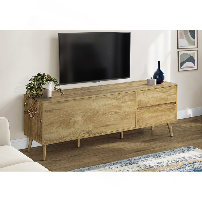 Meuble télé, console de 72 po, meuble multimédia, tiroirs de rangement, armoire de rangement, stratifié noyer, style Mid-Century