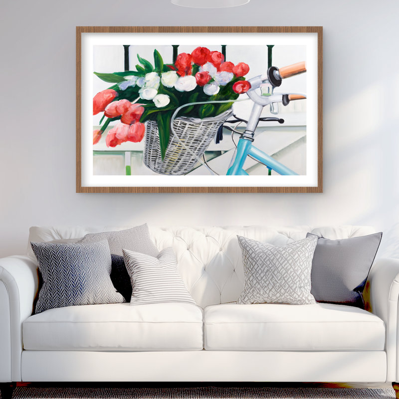 Vélo avec tulipes dans un panier - Reproduction encadrée pour la décoration, Brun