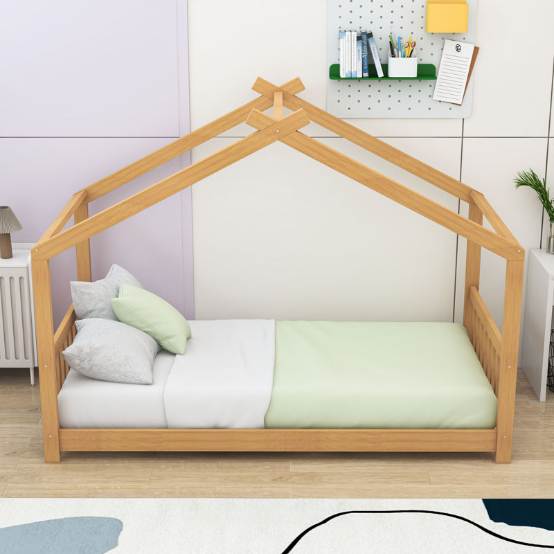 Twin House-Shaped Platform Bed With Slats, Natural