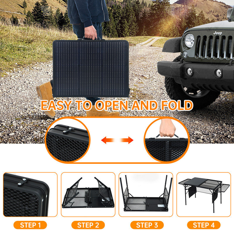 Table de camping portative solaire avec USB, prises de courant de type C et CC, table de barbecue pliante, 2 tablettes latérales