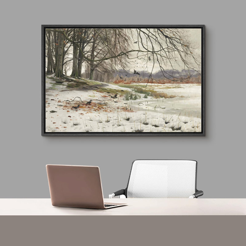 Winter " Sunset Winter Tree Snow Frost Forest ", Black Floater Frame, 16" H x 24" W