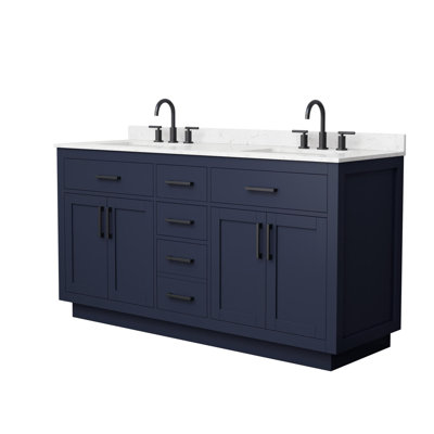 Beckett 66 Inch Double Bathroom Vanity with Toe Kick in Dark Blue, Carrara Cultured Marble Countertop, Undermount Square Sinks (3-Hole), Matte Black Trim