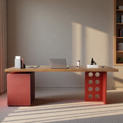 Simple solid wood desk and saddle leather cabinet