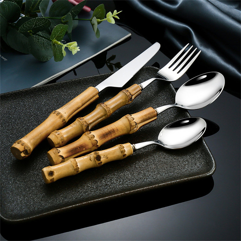 Ensemble de couverts 16 pièces en acier inoxydable 304 avec poignées en bambou: couteaux, fourchettes, cuillères pour hôtels / restaurants