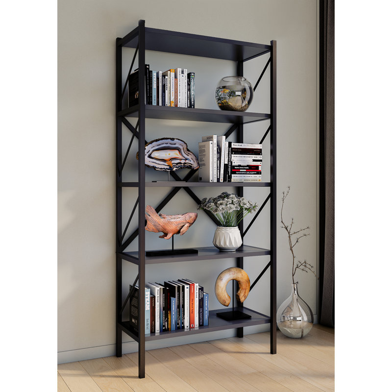 Addley 160cm H x 66cm W Metal Standard Bookcase, Black