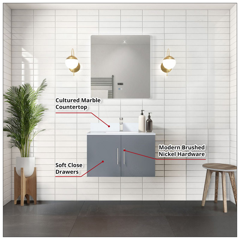 Meuble-lavabo élégant 30 po X P 22 po D, plateau en marbre de culture, ensemble de robinet et Miroir à DEL, Gris foncé