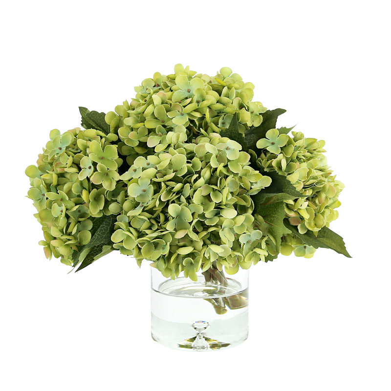 Hydrangeas in Glass Bubble Vase, Green, 14" x 13" 