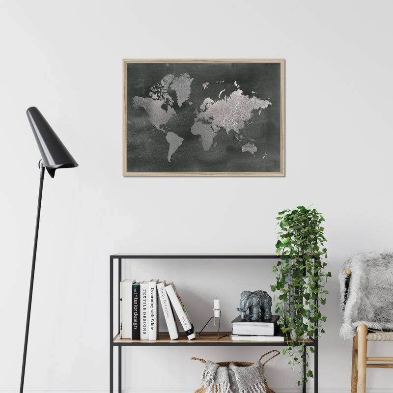 Large Silver World Map On Black Wash by Jennifer Goldberger - Painting, 34cm H x 50cm W, Natural Wood Framed Paper Print