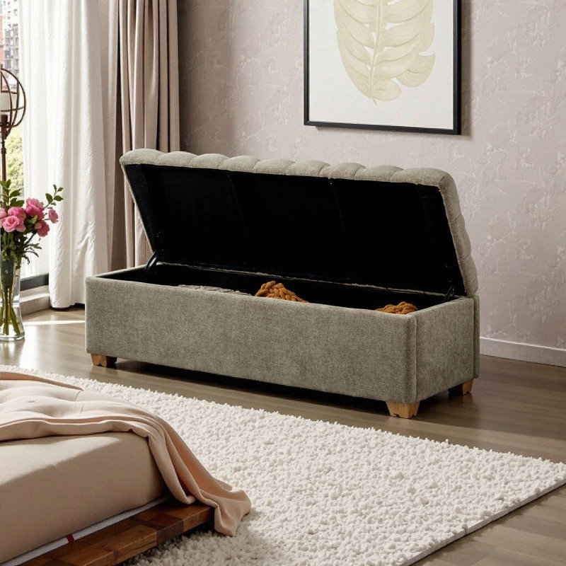 Banc de rangement en chenille, repose-pieds capitonné avec pieds en bois massif, Taupe